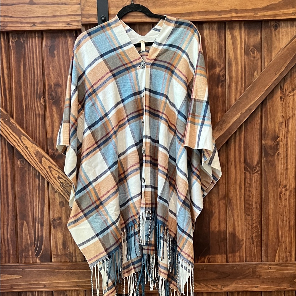 Matilda Jane Poncho Scarf Sweater in Blue and Tan